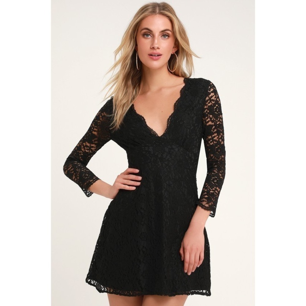 Lulus We Will Dance Black Three-quarter Sleeve Lace Dress - Size XS